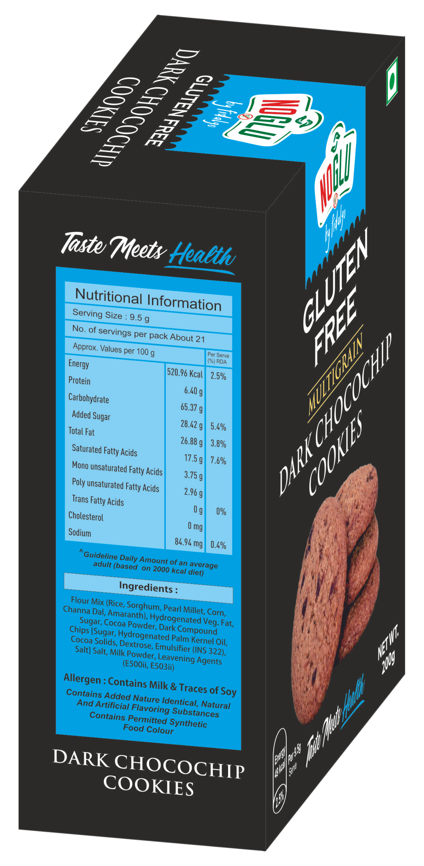 NOGLU (By Fidalgo) Gluten-Free Multigrain Dark Chocochip Cookies 200gm | 100% Certified Gluten-Free
