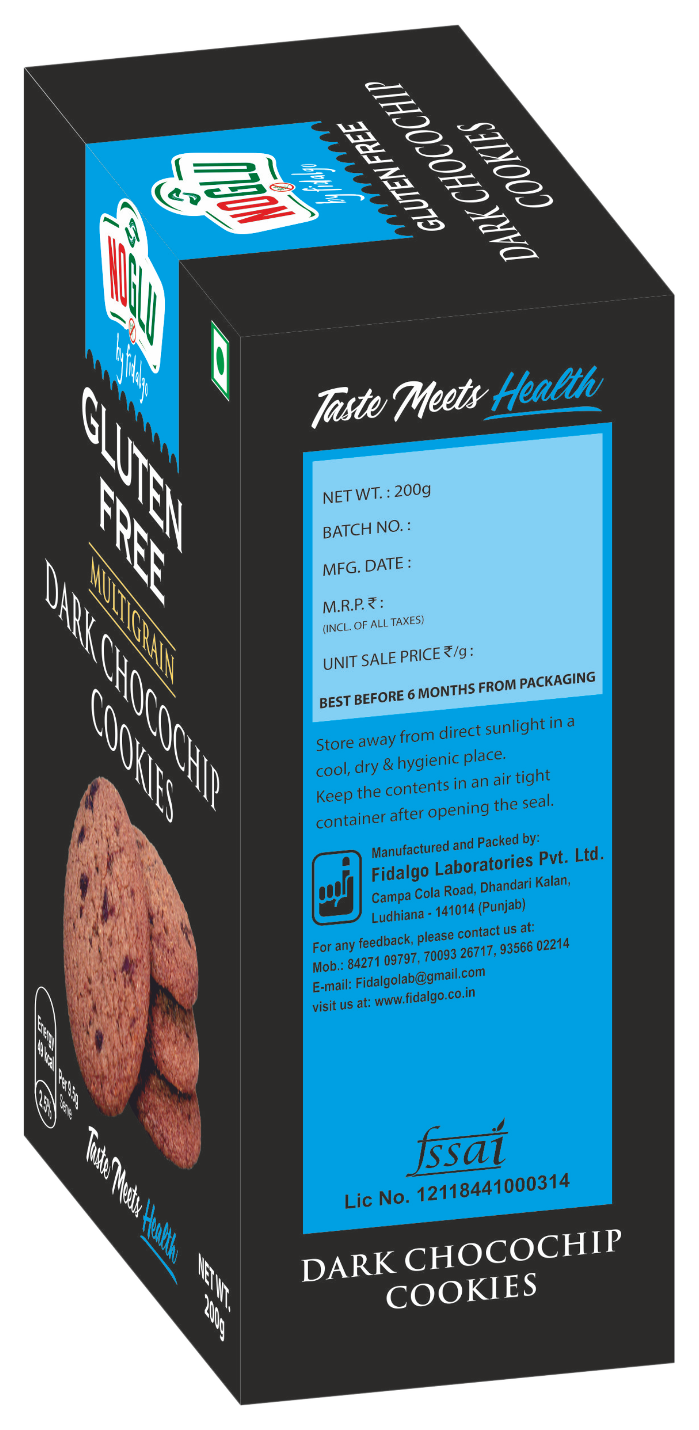 NOGLU (By Fidalgo) Gluten-Free Multigrain Dark Chocochip Cookies 200gm | 100% Certified Gluten-Free
