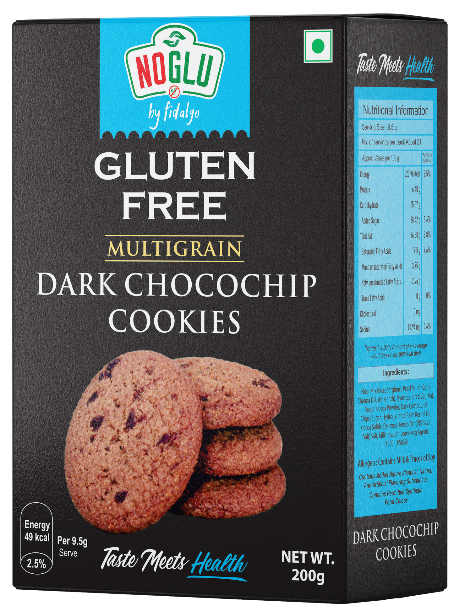 NOGLU (By Fidalgo) Gluten-Free Multigrain Dark Chocochip Cookies 200gm | 100% Certified Gluten-Free