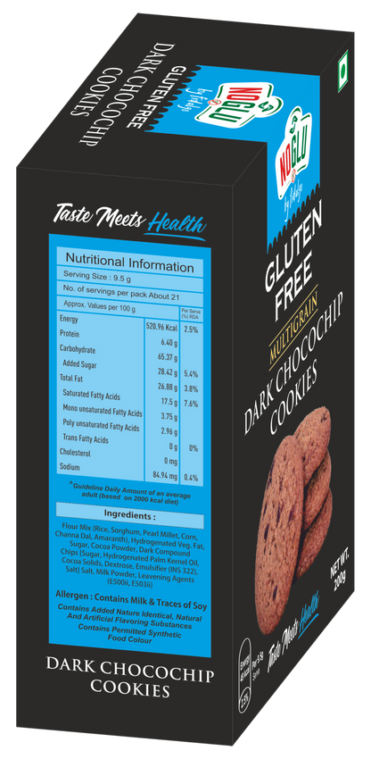 NOGLU (By Fidalgo) Gluten-Free Multigrain Dark Chocochip Cookies 200gm | 100% Certified Gluten-Free